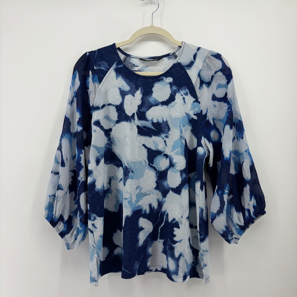 Simply Vera Vera Wang Womens Medium Blue Abstract Cloud Print Balloon Sleeve Top